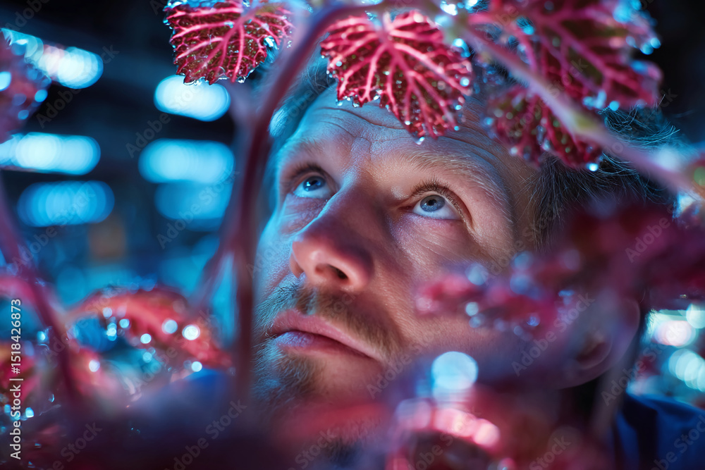 Poster close-up of a man's face partially obscured by red-hued leaves, creating a mysterious and artistic e