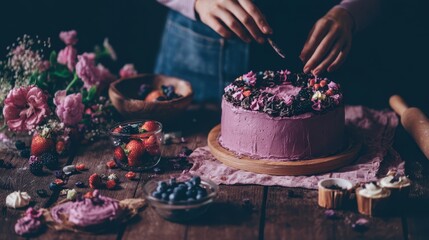 A person decorates a beautiful cake with fresh flowers and berries.
