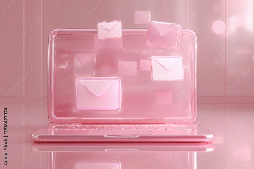 Poster digital communication through floating envelopes on a pink laptop in a minimalistic setup