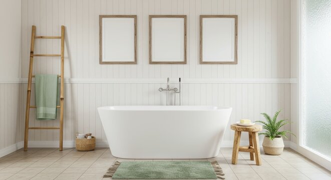Wood Frame Mockup in Rustic Farmhouse Bathroom with Freestanding Tub