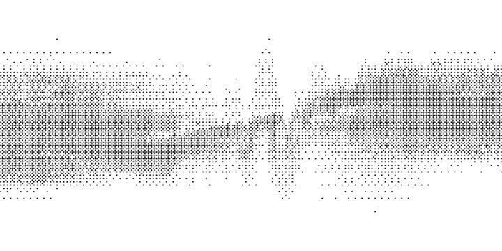 Abstract stipple wave resembling distorted sound wave with pixelated 8 bit texture. Grainy bitmap gradient blending into soft dither effect, dynamic monochrome background with dust, ripple, and dissol