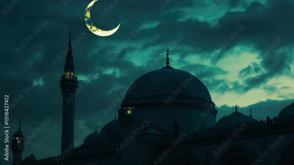 Poster A large building with a clock tower and a crescent in the sky, suitable for use as a landmark or architectural reference