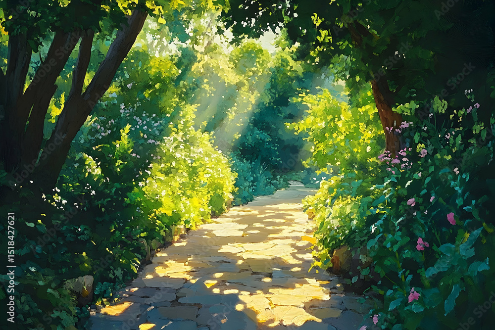 Poster sunlight streams down a stone path through a lush garden.