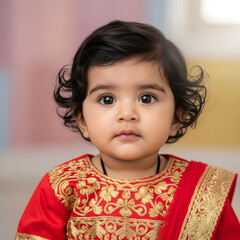 Adorable Indian Baby Girl in Traditional Red and Gold Outfit | Toddler in Ethnic Dress with Curly Hair and Big Eyes Looking at Camera Indoors