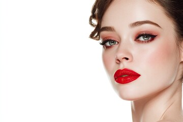 Fototapeta premium Closeup portrait of a woman with red lipstick and elegant makeup against a white background