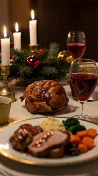 Christmas dinner with roasted pork loin and mashed potatoes. Festive Christmas meal includes delicious pork tenderloin with gravy carrots and broccoli. Elegant Christmas dinner concept for holiday 