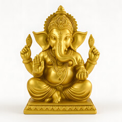 Fototapeta premium Golden Lord Ganesha statue on white background, Hindu deity of wisdom and prosperity, traditional Indian religious idol used in spiritual worship, home decor, festivals, and cultural celebrations