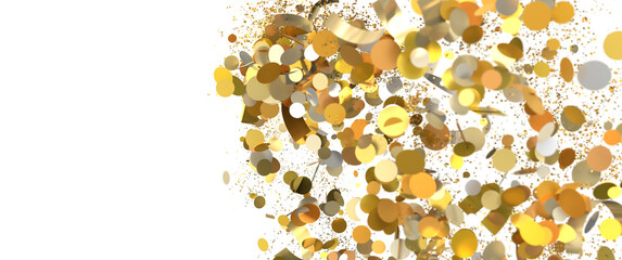 Golden confetti explosion on white. Festive, celebratory backdrop for design.