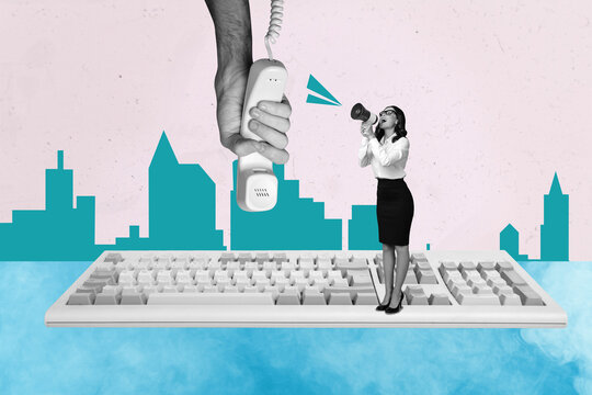 Banner image collage of person stand scream megaphone front retro key board on grey background with drawing city - Powered by Adobe