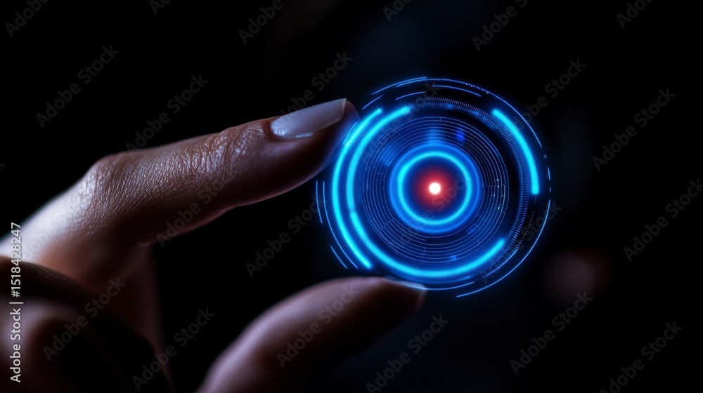 Poster digital interface concept displays futuristic technology with a glowing circle in hand.