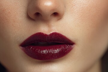 Fototapeta premium Closeup shot of a womans face featuring deep red glossy lips and part of her nose