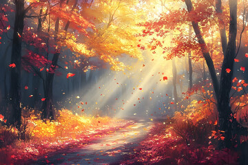 Fototapeta premium Autumnal pathway bathed in sunlight through a colorful forest.