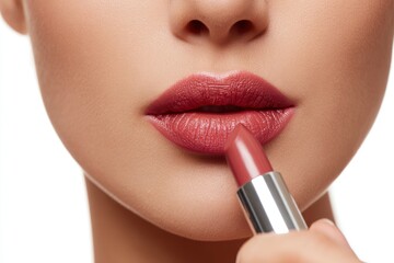 Closeup shot of someone applying lipstick to their lips focusing on the application process