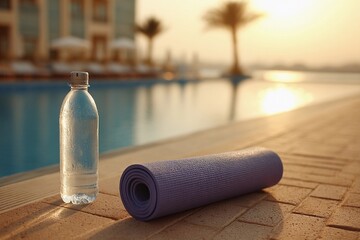 Refreshing yoga session by the poolside with water and mat during sunset