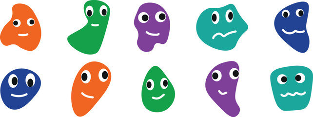 Obraz premium Colorful Cartoon Monster Faces Set – Cute and Funny Alien Animal Characters with Expressive Emotions and Happy Smiles – Vector Illustration for Kids and Fun Design Themes