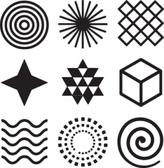 Design a series of black and white vector geometric patterns and shapes, including circles, triangles, and abstract forms.