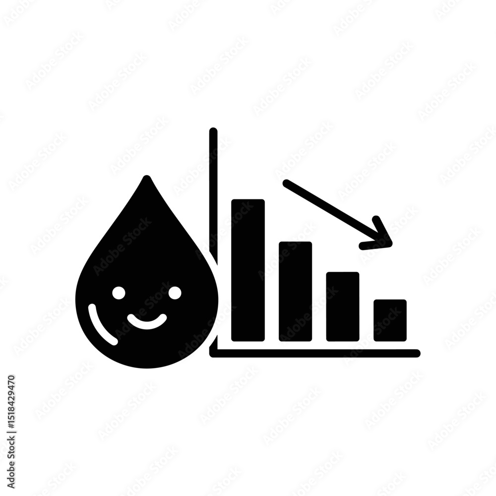 Poster black icon of a smiling oil drop next to a declining bar graph with a downward arrow, indicating pri