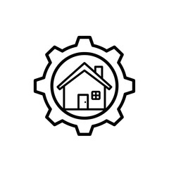 House with a gear icon, representing home maintenance, smart home, or property management in black outline