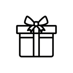 Black outline icon of a gift box with a bow, representing a present or surprise