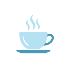Light blue coffee cup with steam on a saucer icon, representing a hot beverage