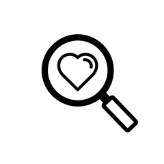 Black outline of a magnifying glass focusing on a heart, symbolizing searching for love or romance