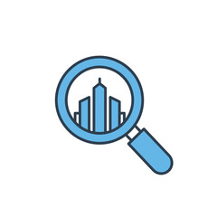 Blue magnifying glass over city building silhouettes, symbolizing urban search, real estate, or investigation