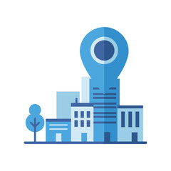 Cityscape with buildings, a tree, and a large blue map pin, representing location, city guide, or local business
