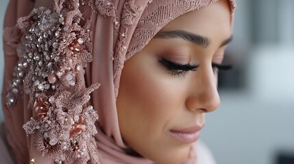 3D Rose Gold Hijab with tiny crystal embellishments, adding a sparkling touch to a chic and elegant look.