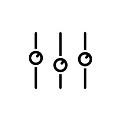 Audio equalizer or settings sliders icon with three vertical bars and adjustable knobs, black outline style