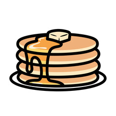Stack of pancakes with melting butter and dripping syrup on a plate, breakfast food illustration
