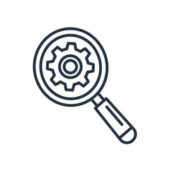 Search settings or technical analysis icon with a magnifying glass over a gear, black outline style