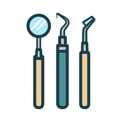 Set of three dental tools: mirror, scaler, and explorer probe with colored handles, for oral hygiene and dental care
