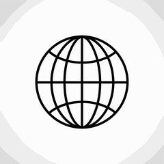 Simple black outline globe icon with latitude and longitude lines, representing world or internet