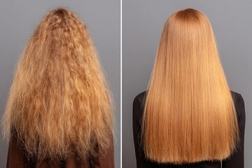 Transformation of curly hair to sleek straight hairstyle in salon setting