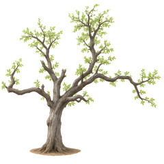 Old deciduous tree with twisted branches and fresh green leaves isolated on white background, realistic botanical illustration of nature, growth, ecosystem and seasonal change in spring environment