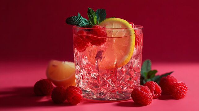 A pink gin drink looks cool and yummy. It has mint, lemon, and raspberries. The glass is fancy, and the background is bright pink.