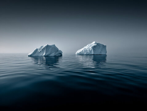 Arctic icebergs floating in blue water, cold serene landscape, minimal tones