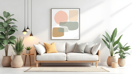 Modern living room with white sofa, decorative pillows, abstract wall art, and green plants in natural light creating cozy atmosphere