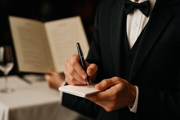Waiter taking orders while presenting menu at upscale restaurant in evening