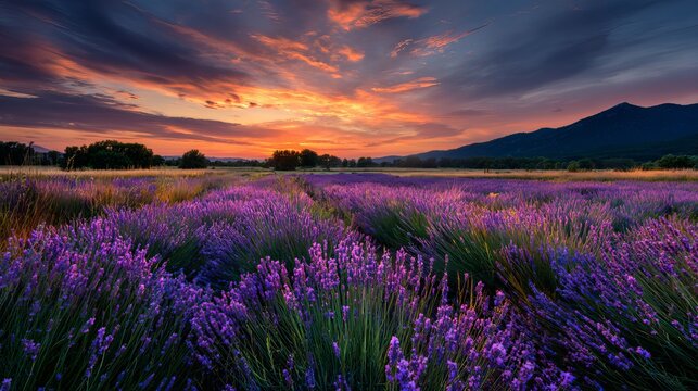 Fototapeta A pretty flower scene with lots of colors. A wide view of blooming flowers in France at sunset. Purple flowers in a field in Provence, France. Amazing summer view.