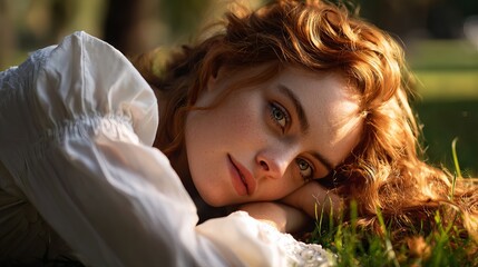 A pretty girl with wavy red hair relaxes in a park on a sunny summer day. She's wearing a long white shirt. The scene looks like it's from the 1800s.