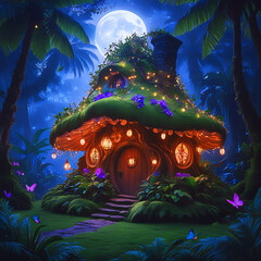 Mashroom home surrounded by lovely scenery in the moon night. 