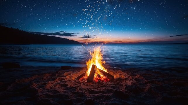 Beach campfire under starry night sky, ocean waves