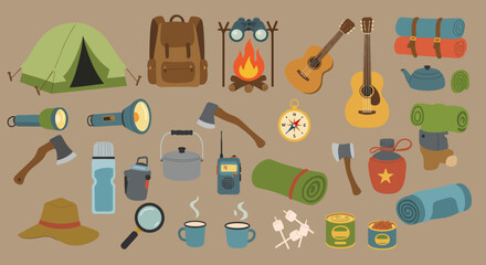 Camping and Outdoor Adventure Equipment Collection Illustration
