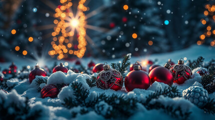 Red christmas balls resting on snow with illuminated christmas tree in the background