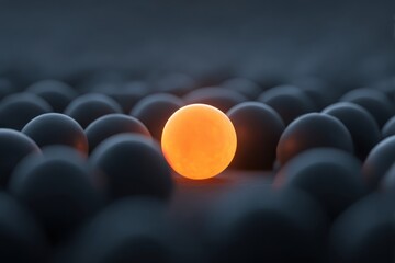 Glowing sphere stands out amongst dark spheres, abstract background, leadership concept
