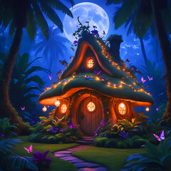Mashroom home surrounded by lovely scenery in the moon night. 