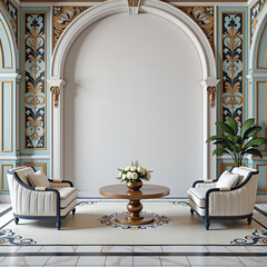 Luxurious classic living room interior, intricate detailing, and decorative wall paneling with vintage-style sconces. The design combines neoclassical elegance with rich patterns and textures, 