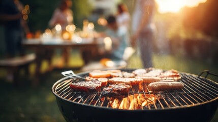 Outdoor barbecue with friends in a sunny garden.