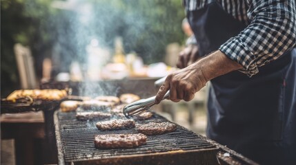 Outdoor grilling of burgers on a barbecue.